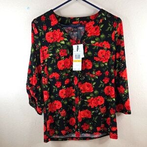 Carolyn Taylor Floral Black and Red Women's Top Small.Garden Roses.